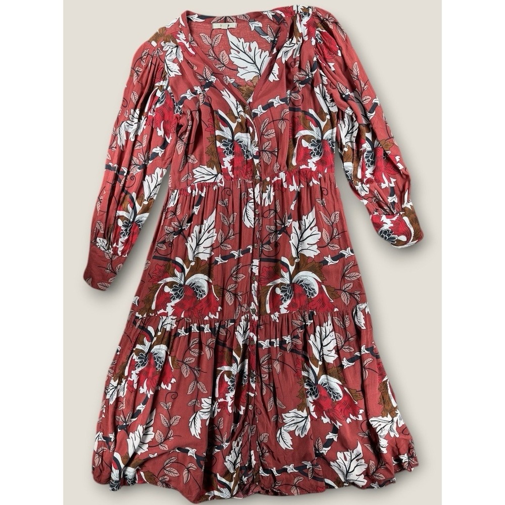 Tennis Brand Women's Small Red Floral Boho Tiered Button Front Midi‎ Maxi Dress